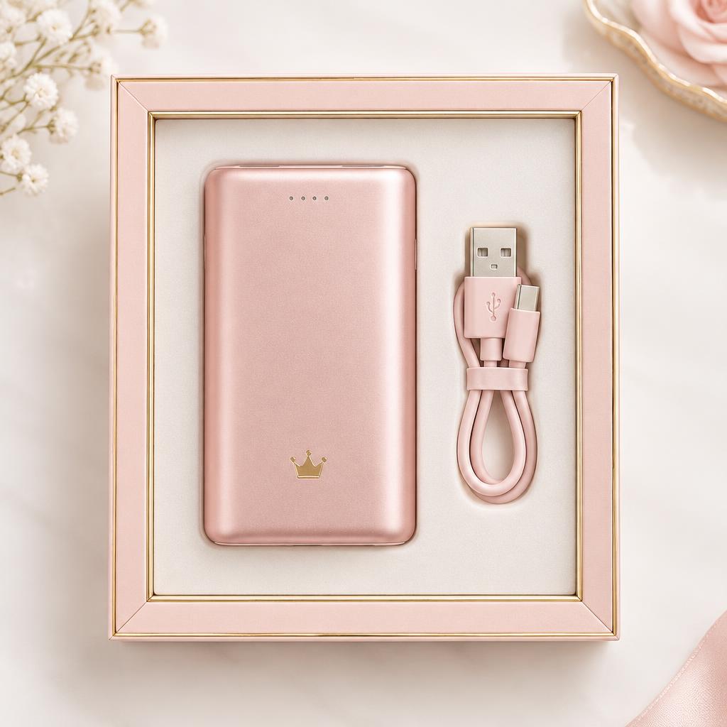 Blush pink CozyCrown rechargeable power bank with USB cable